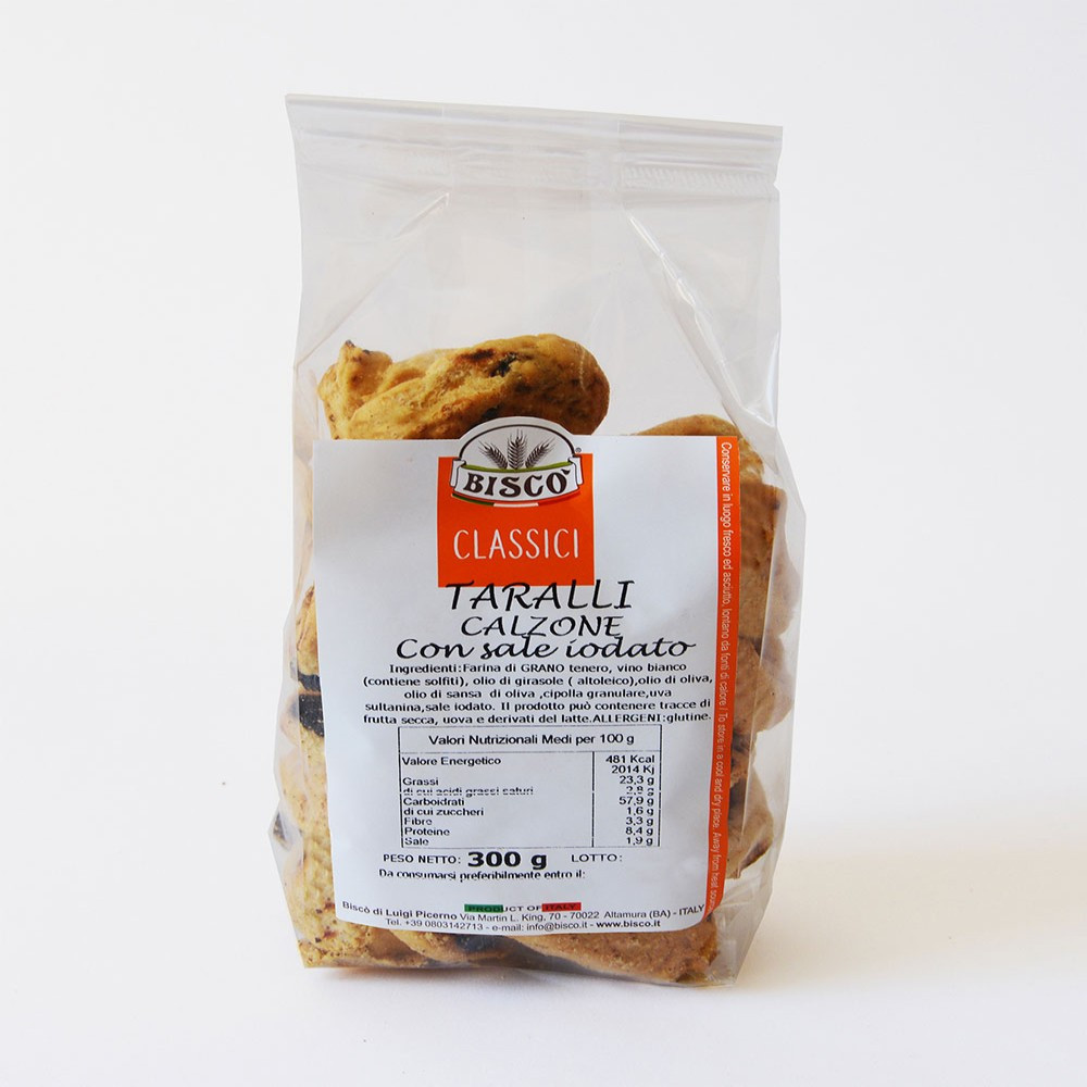 Taralli s čebulo in karameliziranimi rozinami iz Puglie